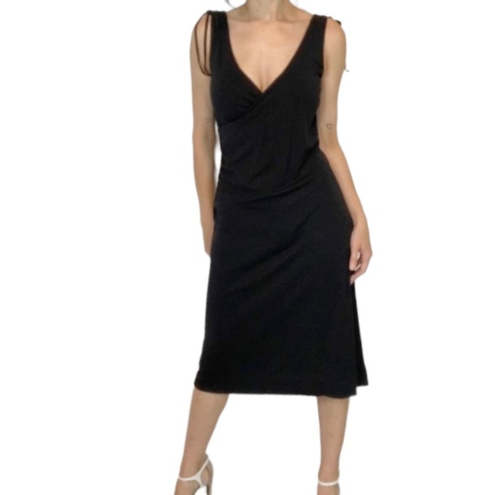 Banana Republic Little Black Dress, Midi Double V-Neck Sleeveless Tie Shoulders